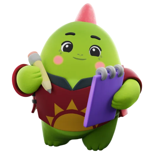 A Dinogotchi with a notepad