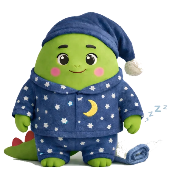 A Dinogotchi in pyjamas, ready for bed