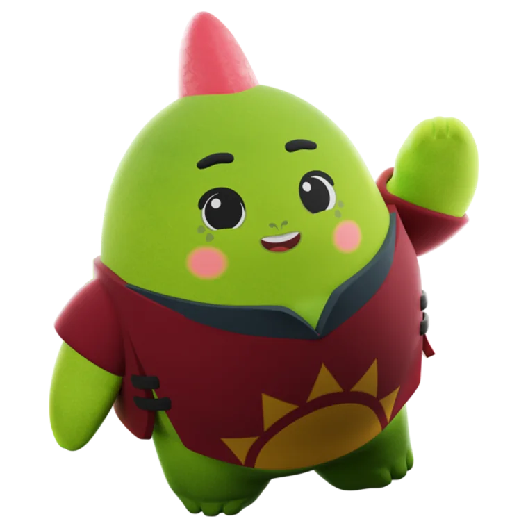 A Dinogotchi character waving hello